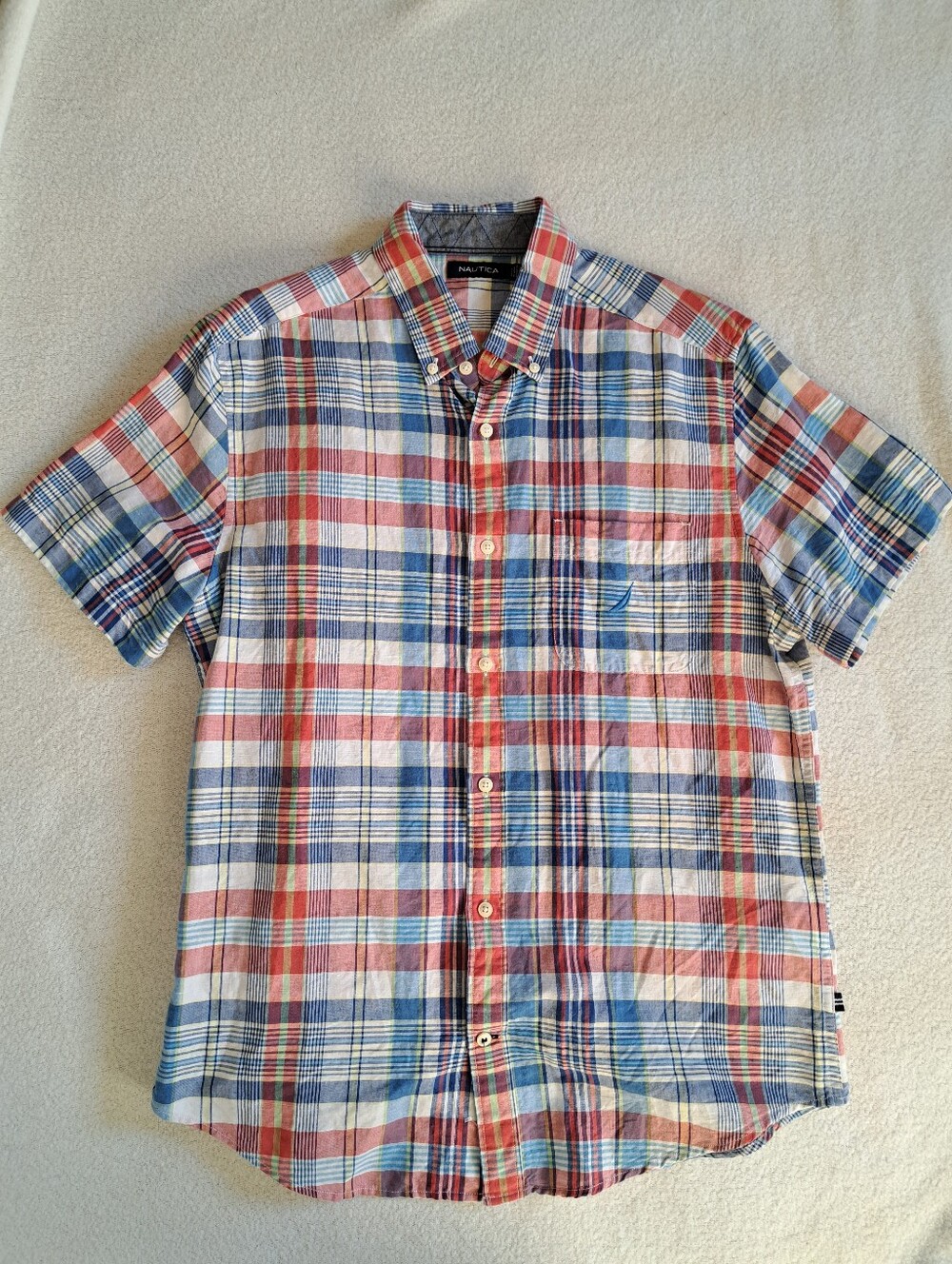 Nautica Plaid Short Sleeve Button-Down Shirt Medium Linen Cotton Summer Casual